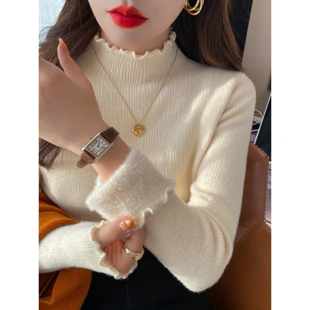 打底木耳邊半高領長袖T恤秋冬女裝內搭薄款打底衫上衣 歷史價格詳細信息