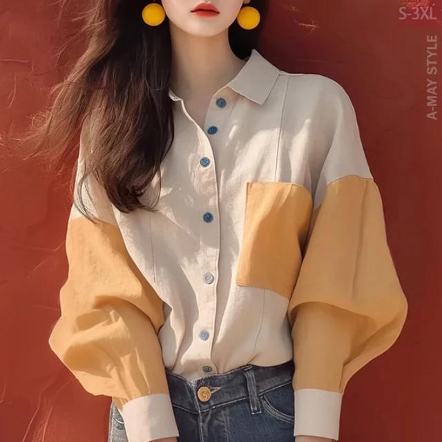 【Amay Style 艾美時尚】秋新品 加大尺碼女裝 上衣 設計感韓系撞色拼接澎澎袖襯衫。S-3XL(撞色.預購) 歷史價格詳細信息