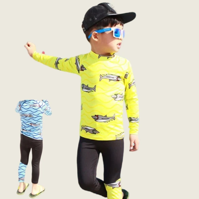 梨卡 - 兒童泳衣兒童泳裝男生二件式長袖短褲泳褲-中大童【藍色鯊魚】男童帥氣沙灘防曬防寒浮潛-附泳帽CH673【現貨24 歷史價格詳細信息