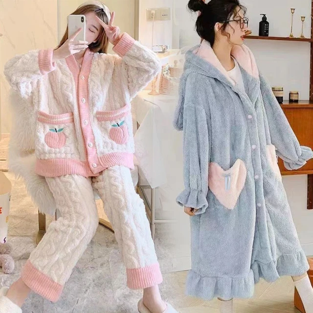 珊瑚絨長袖睡依女秋冬法蘭絨Tao裝加厚加絨韓版Tao頭可愛家居fu 歷史價格詳細信息