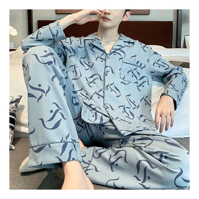 長袖長褲套裝 翻領睡衣 寬鬆簡約睡衣 男開衫睡衣 [D903]春秋季純棉睡衣套裝男胖子肥佬長袖全棉寬鬆加肥大號家居服開衫 歷史價格詳細信息