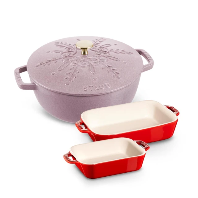 【法國Staub】日暮粉雪花雕花琺瑯鑄鐵鍋和食鍋24cm贈大小陶瓷烤盤2件組(德國雙人牌集團官方直營) 價格比較,價格查詢,歷史價格詳細信息