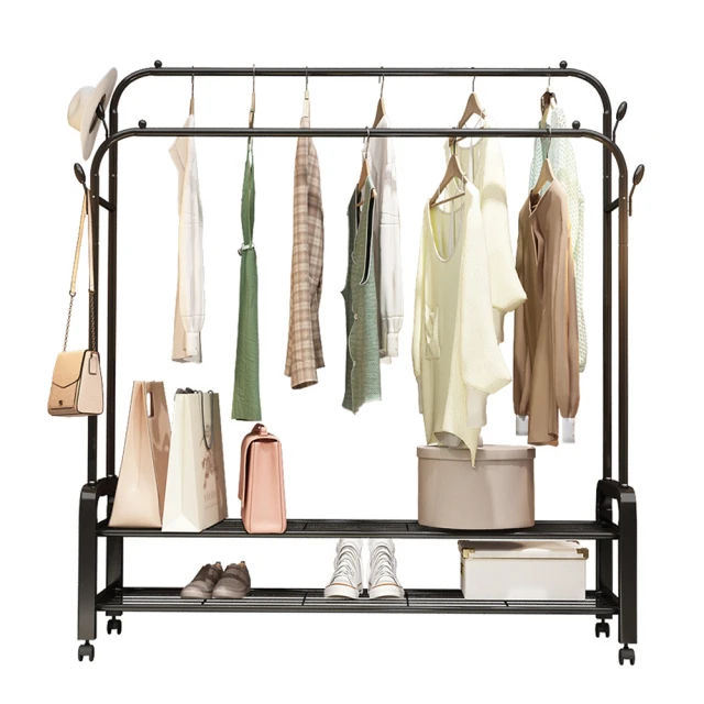 【居家家】多功能雙桿雙層加粗加厚不鏽鋼可移動145CM落地掛衣架（晾衣架/置物架/晾曬架/衣架/衣帽架） 歷史價格詳細信息