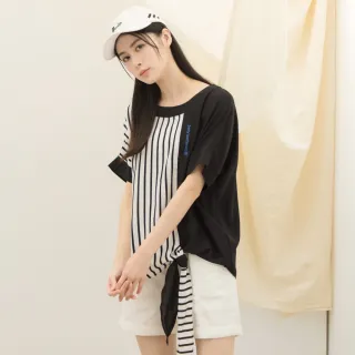 【betty’s 貝蒂思】特色格紋拼接腰間綁帶長版T-shirt(深藍) 歷史價格詳細信息