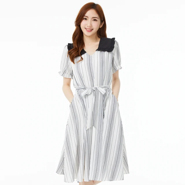 【betty’s 貝蒂思】直條紋水手荷葉領鬆緊綁帶洋裝(共二色) 歷史價格詳細信息