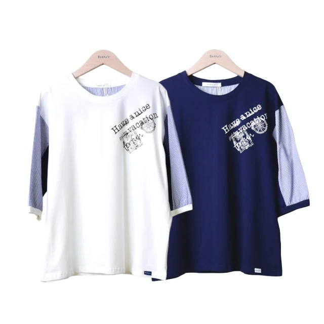 【betty’s 貝蒂思】條紋拼接印花字母圓領T-shirt(共二色) 歷史價格詳細信息