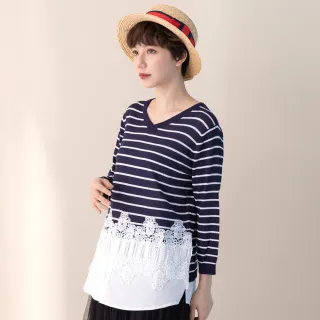 【betty’s 貝蒂思】條紋拼接蕾絲短袖上衣(淺灰色) 歷史價格詳細信息