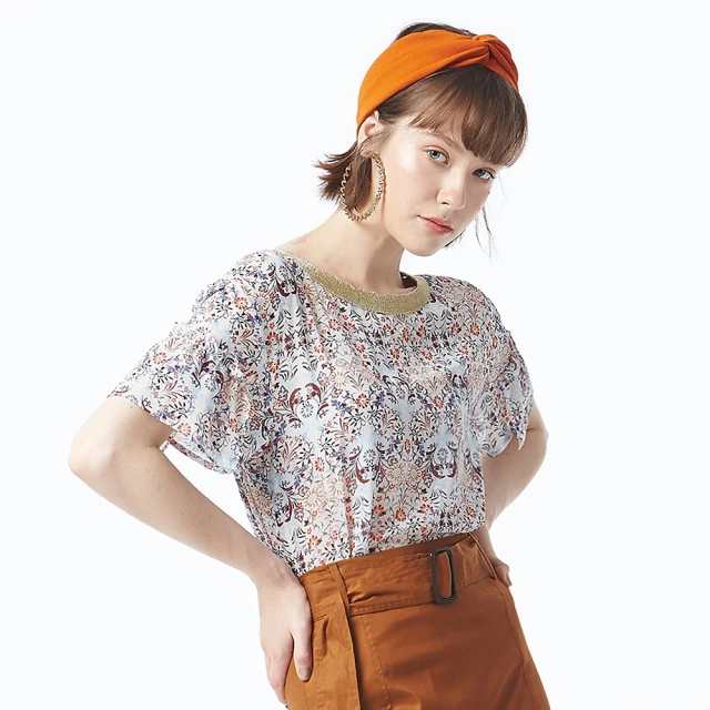 【MYVEGA 麥雪爾】印花翻領異材質拼接雪紡上衣-柑 歷史價格詳細信息