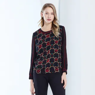 【YIDIE 衣蝶】雪紡印花拼接羅紋領結式上衣-深藍 歷史價格詳細信息