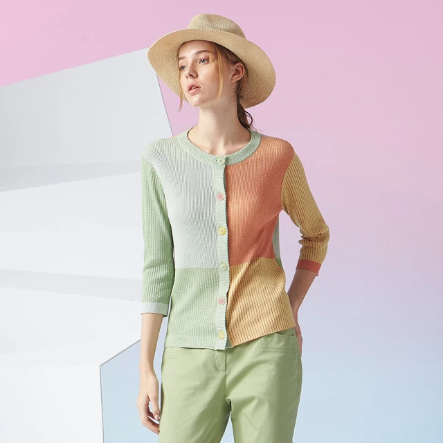 【MYVEGA 麥雪爾】金絲線直條紋V領七分袖上衣-淺藍 歷史價格詳細信息