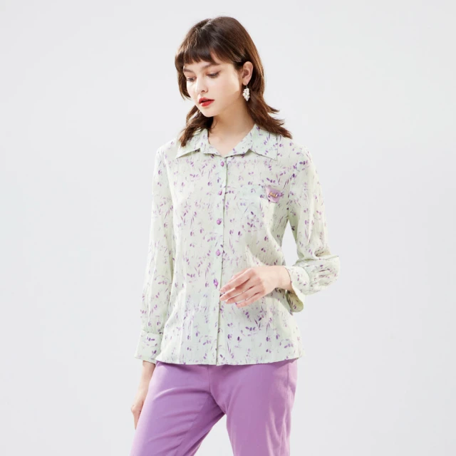 【MYVEGA 麥雪爾】印花搭配刺繡下擺開岔休閒上衣-深藍 歷史價格詳細信息