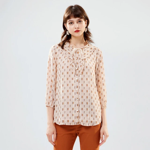 【MYVEGA 麥雪爾】荷葉斜滾邊珍珠墜飾雪紡上衣-豆沙 歷史價格詳細信息