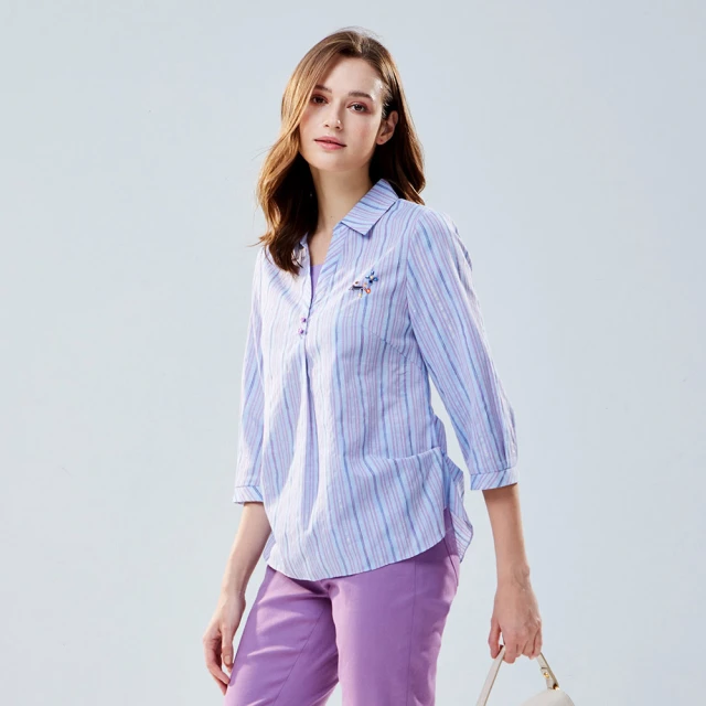 【MYVEGA 麥雪爾】直紋印花異材質拼接雪紡上衣-藍 歷史價格詳細信息