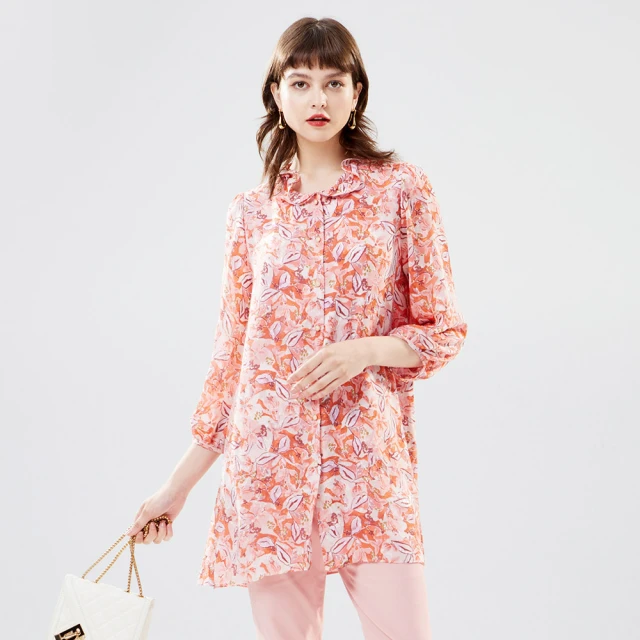 【MYVEGA 麥雪爾】印花翻領異材質拼接雪紡上衣-柑 歷史價格詳細信息