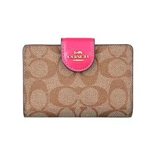 Coach－粉紅花朵壓紋 扣式三摺牛皮短夾/皮夾/錢包 $1280 歷史價格詳細信息