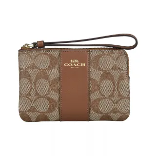 【COACH】COACH 燙金/銀馬車LOGO緹花PVC拼接牛皮拉鍊手拿包(卡其x水藍) 歷史價格詳細信息