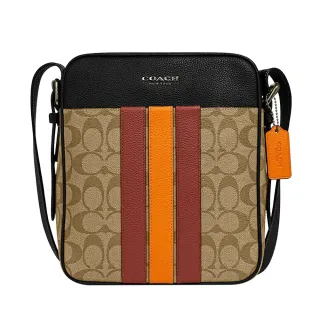 【COACH】COACH HUDSON MESSENGER黑字LOGO印花PVC拼接牛皮扣式翻蓋斜背包(卡其x黑x橘) 歷史價格詳細信息