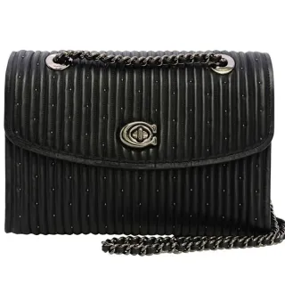 COACH黑色鉚釘荔枝紋全皮釦式翻蓋WOC斜背包 歷史價格詳細信息