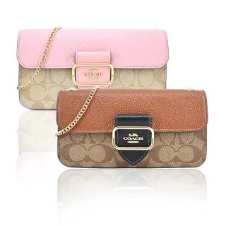 COACH  Morgan 最新款式拼接 皮革斜背鍊包 滿版c字咖啡色拼接蘋果綠色  贈品原廠紙袋、防塵袋 歷史價格詳細信息