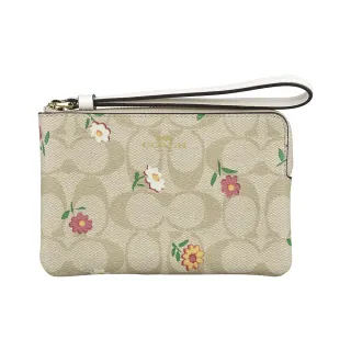 【COACH】COACH燙印字母LOGO滿版印花PVC/牛皮拉鍊手拿包(卡其x水藍) 歷史價格詳細信息