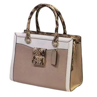 【COACH】COACH米棕字刺繡LOGO帆布釦式手提包(小/自然白x多色) 歷史價格詳細信息