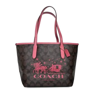 【COACH】PVC Logo馬車方牌前釦袋硬版手提-斜背包(卡其梅紅咖邊) 歷史價格詳細信息