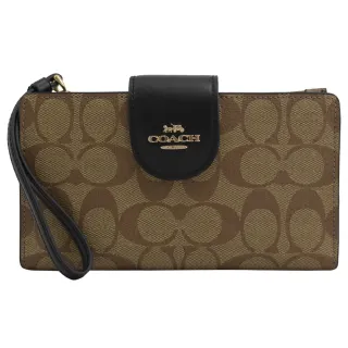 COACH 滿版LOGO拼接皮革方型卡夾拉鍊鍊帶零錢包(卡其/玫瑰粉) 歷史價格詳細信息