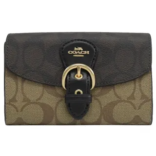 【COACH】撞色滿版C印花拼接皮帶飾信用卡零錢中夾(駝/深咖) 歷史價格詳細信息
