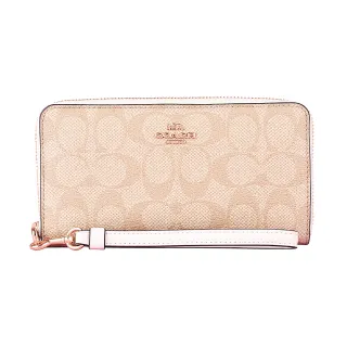 【COACH】COACH 金色LOGO印花PVC 12卡拉鍊長夾(淺卡其x白) 歷史價格詳細信息