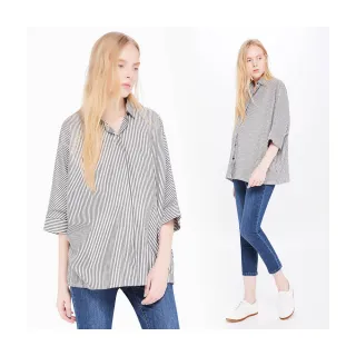 Gennies奇妮 落肩飛鼠袖休閒襯衫上衣-黑白條紋/棕白條紋/藍白條紋/粉白格子/黑白格子(C3E03) 歷史價格詳細信息