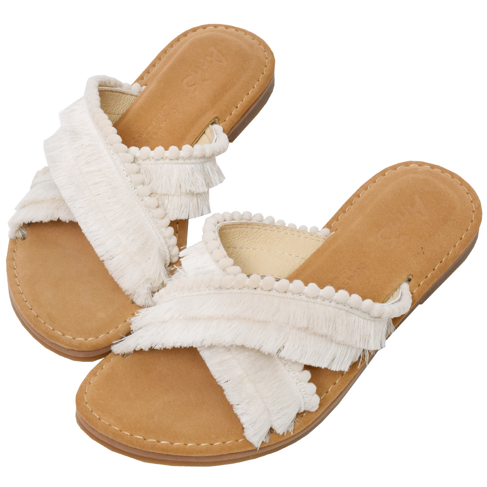 Ann’S水洗牛皮-寬腳板推薦舒適寬帶荔枝牛皮平底涼拖鞋-杏 歷史價格詳細信息