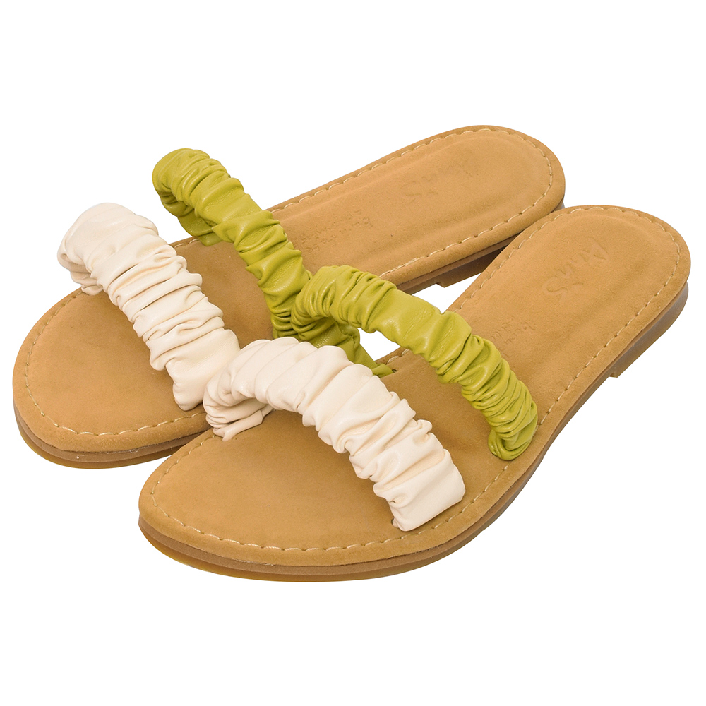 Ann’S水洗牛皮-寬腳板推薦舒適寬帶荔枝牛皮平底涼拖鞋-杏 歷史價格詳細信息