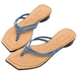 Ann’S水洗牛皮-小羊皮細帶夾腳歐美斜方頭涼拖鞋3cm-牛仔藍 歷史價格詳細信息