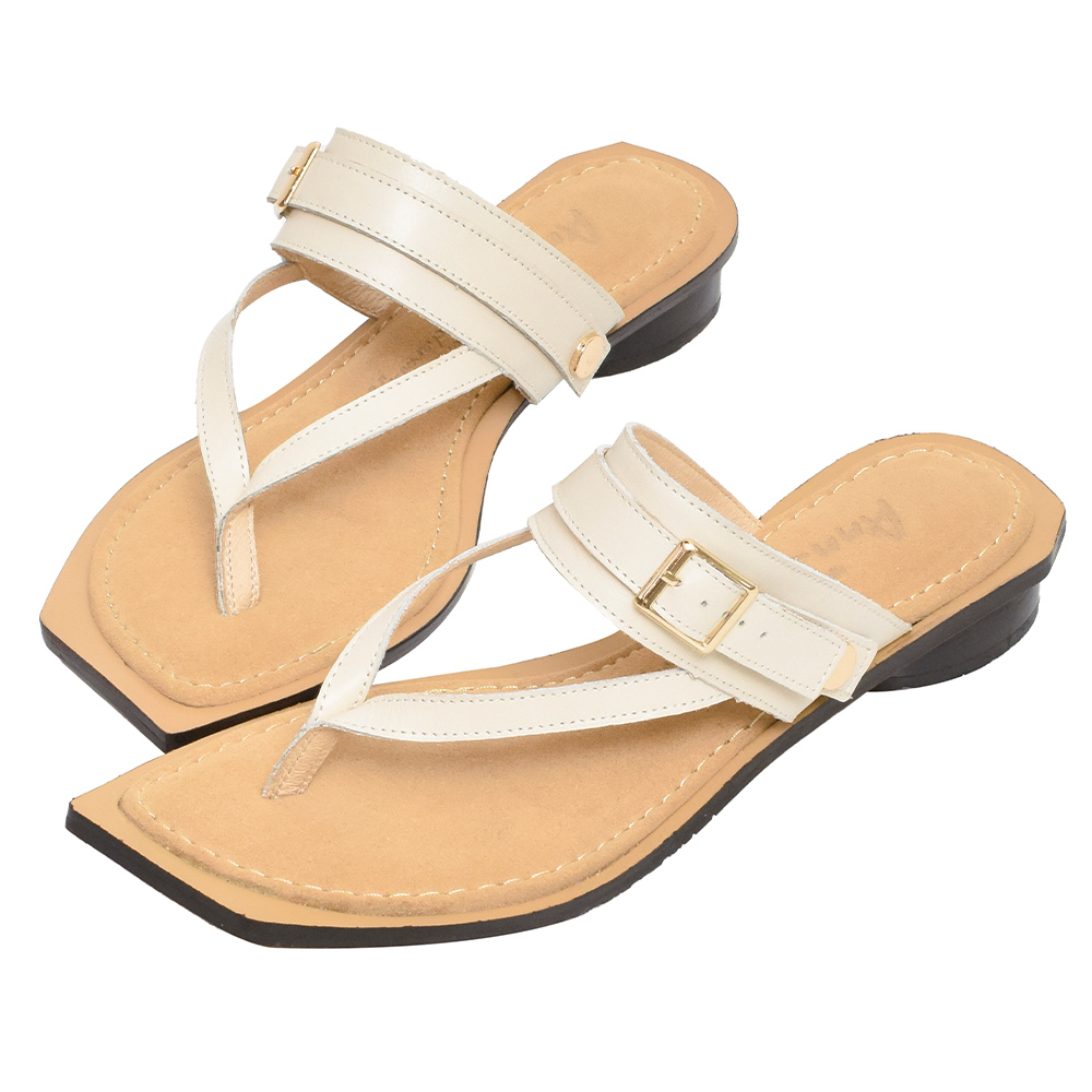 Ann’S水洗牛皮-寬腳板推薦舒適寬帶荔枝牛皮平底涼拖鞋-杏 歷史價格詳細信息