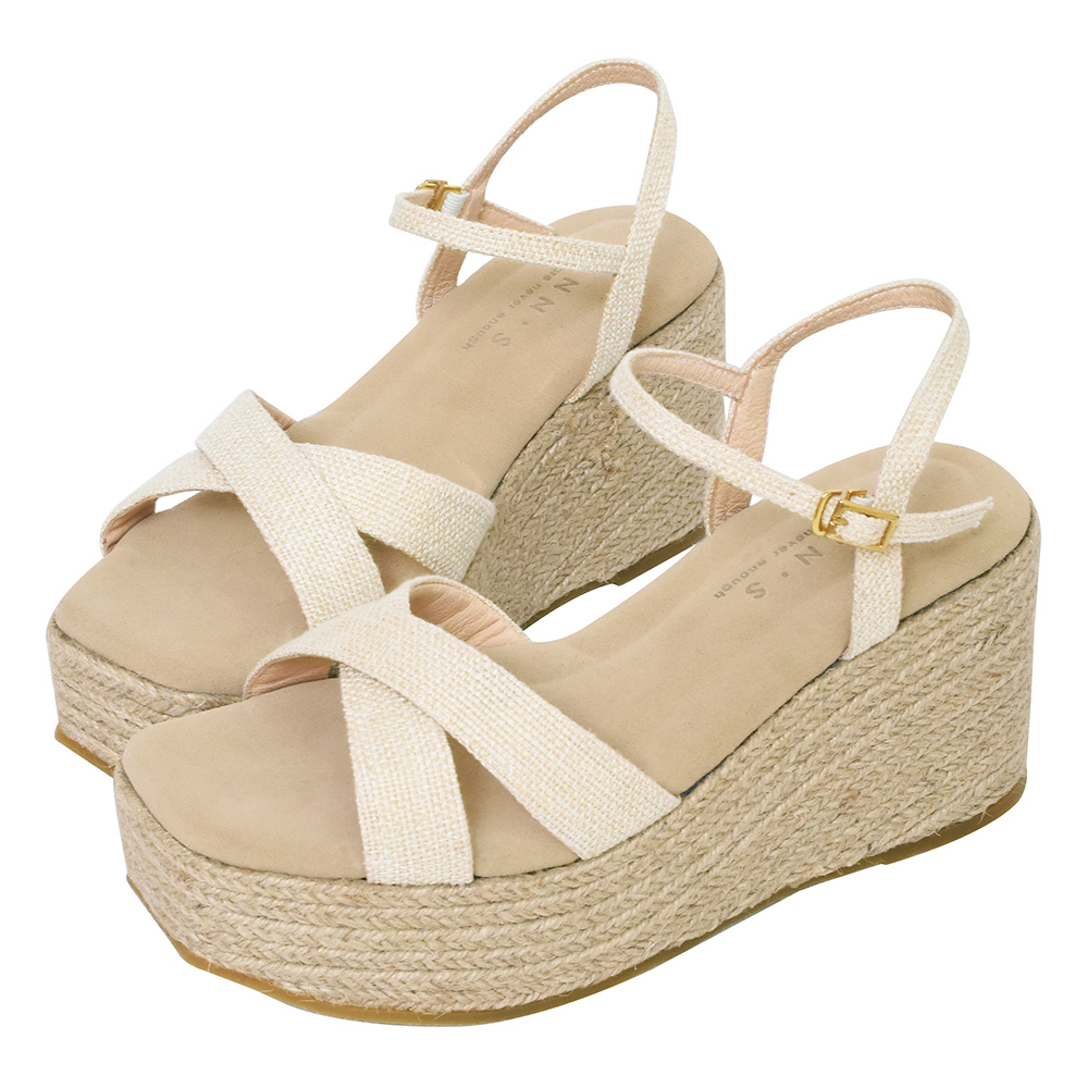 Ann’S水洗牛皮-8cm厚底！「一字繞踝渡假編織」草編美腿系輕量楔型涼拖鞋-米白 歷史價格詳細信息