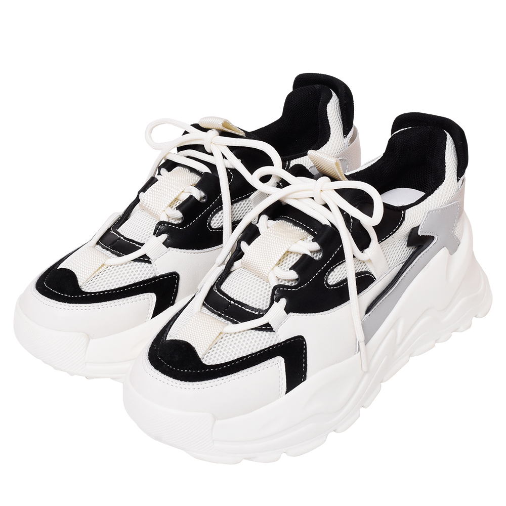 真皮黑白老爹鞋女春季新款厚底松糕運動休閑熊貓鞋2023增高鞋 歷史價格詳細信息