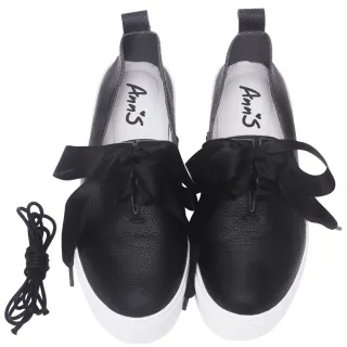 Ann’S激瘦第三代!!!全真牛皮銀色大方扣厚底小白鞋-黑 歷史價格詳細信息