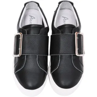 Ann’S激瘦第三代!!!全真牛皮銀色大方扣厚底小白鞋-黑 歷史價格詳細信息