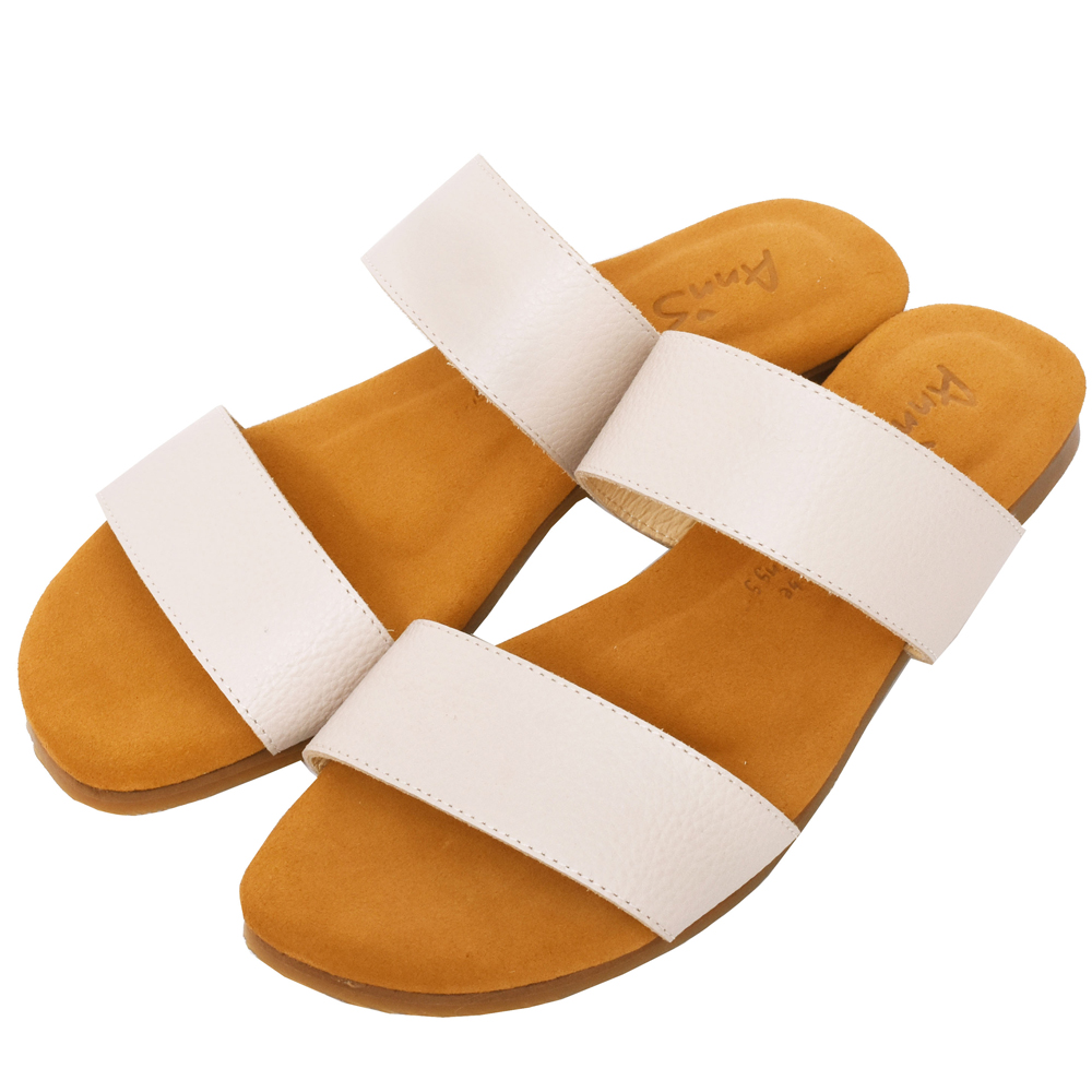 Ann’S水洗牛皮-寬腳板推薦舒適寬帶荔枝牛皮平底涼拖鞋-杏 歷史價格詳細信息