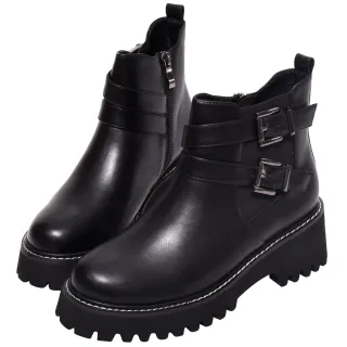 Ann’S槍色雙扣帶顯瘦厚底短靴軍靴5.5cm-黑 歷史價格詳細信息