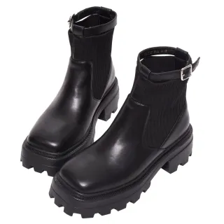 【Ann’S】流行回歸-顯瘦貼腿彈力皮革厚底方頭軍靴短靴5cm(黑) 歷史價格詳細信息