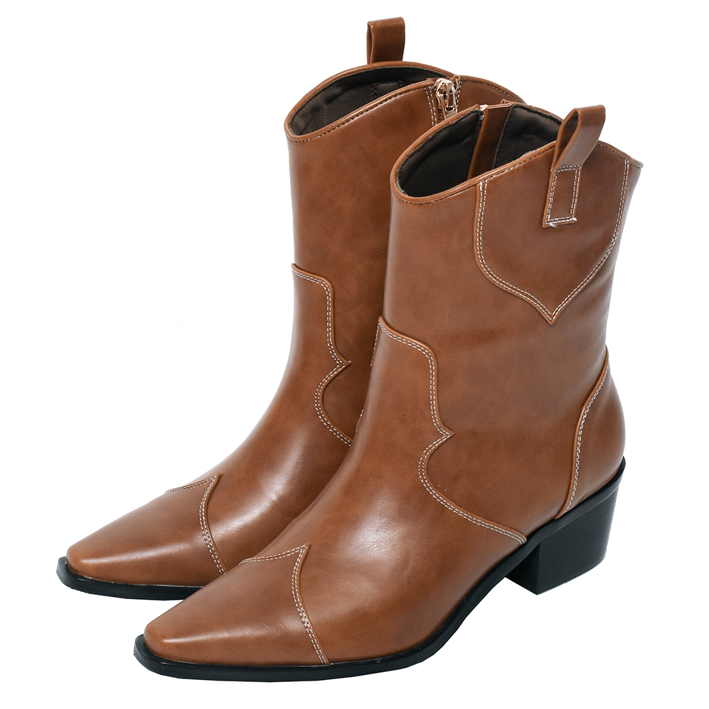 ANNSTAR彭彭PON聯名-時髦起來方頭粗跟好走及膝長靴6.5cm-棕 歷史價格詳細信息