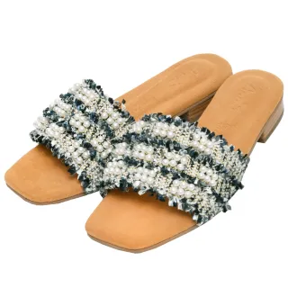 Ann’S水洗牛皮-小香風毛呢珍珠木紋跟方頭涼鞋-藍(版型偏小) 歷史價格詳細信息