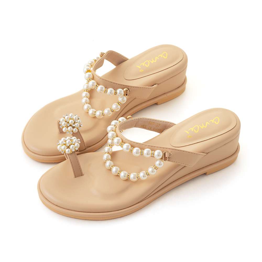 amai 氣質珍珠雙帶套趾坡跟涼拖鞋 低底涼鞋 低跟拖鞋 外出拖鞋 坡跟 楔型跟 百搭 度假風 大尺碼 杏色 S87BE 歷史價格詳細信息