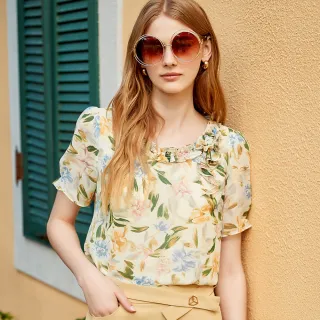 【ILEY 伊蕾】優雅荷葉綁帶手繪風玫瑰印花雪紡上衣(淺綠色；M-2L；1232181423) 歷史價格詳細信息