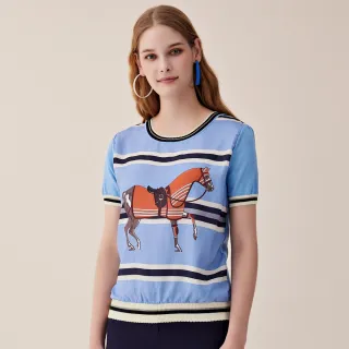 【ILEY 伊蕾】時髦雪紡印花賽馬棉質針織上衣(兩色；M-2L；1221405017) 歷史價格詳細信息