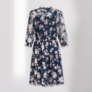 【ILEY 伊蕾】古典花卉印花透氣雪紡上衣1222181419(深藍) 歷史價格詳細信息