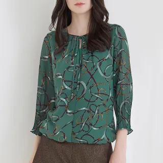 【ILEY 伊蕾】時尚鍊條印花綁帶雪紡上衣(綠色；M-XL；1223021408) 歷史價格詳細信息