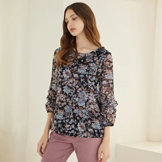 【ILEY 伊蕾】古典花卉印花透氣雪紡上衣1222181419(深藍) 歷史價格詳細信息
