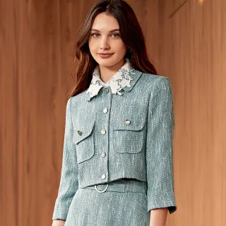 【ILEY 伊蕾】時髦俐落小香金蔥毛呢對勾短版外套(黑色；M-XL；1224014022) 歷史價格詳細信息